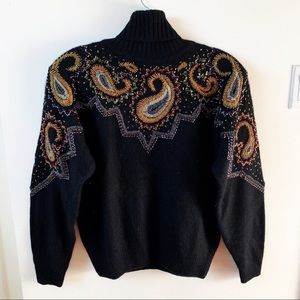 Vintage Bead Embroidered Black Wool Turtleneck